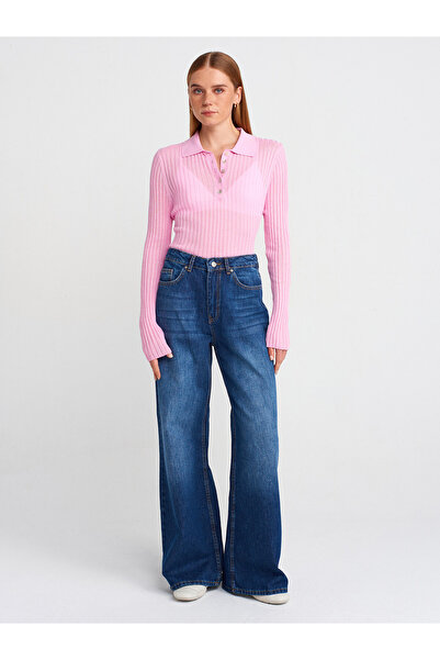 Dilvin 10722 Polo Neck Button Thin Knitwear Sweater-Pink