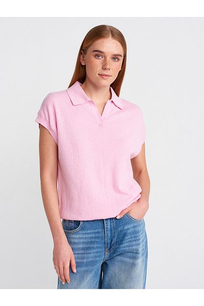 Dilvin 10723 Polo Neck Thin Textured Knitwear Blouse-Pink