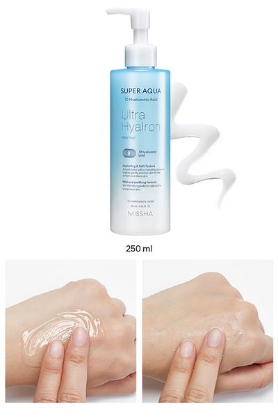 Missha جل تقشير سوبر أكوا ألترا هيالرون خفيف 250 مل - جل تقشير يحتوي على 10 أحماض هيالورونيك مختلفة