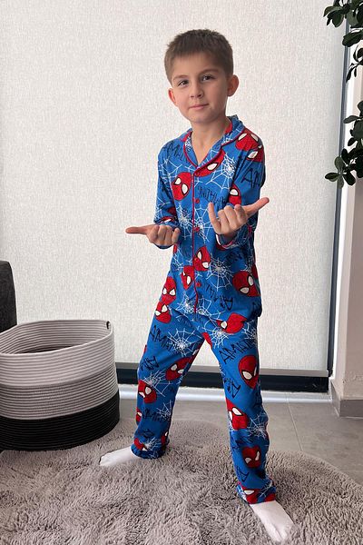 Minik Dolap Set pijama cu nasturi pentru baieti cu model Spiderman - Albastru