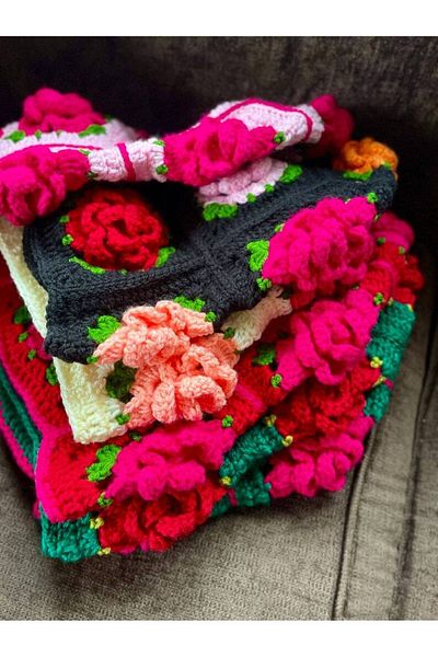 El örgüsü Rose Motif Crochet Beanie - Knit Neck Collar Balaclava Hat