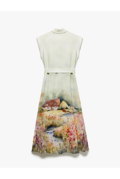 Koton Rochie cămașă lungă cu imprimeu peisaj din viscoză, fără mâneci, cu detaliu în talie