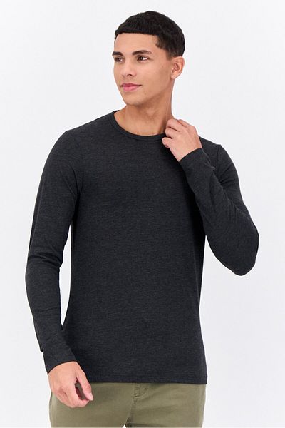 French Connection Men Crew Neck Long Sleeve Solid T Shirt, Charcoal Grey