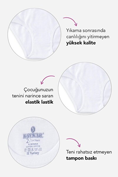 BAYKAR Kız Çocuk Organik Pamuklu Bikini Kesim Düz Basic Ribana Külot 6'lı Paket 5201 Beyaz