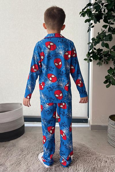 Minik Dolap Set pijama cu nasturi pentru baieti cu model Spiderman - Albastru