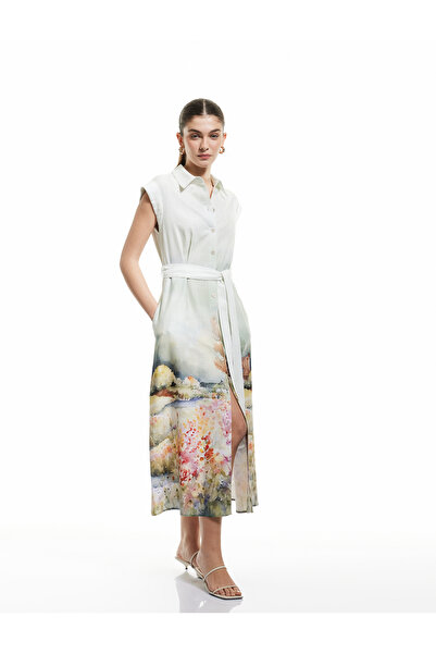 Koton Rochie cămașă lungă cu imprimeu peisaj din viscoză, fără mâneci, cu detaliu în talie