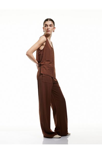 Koton Viscose Blended Straight Wide Leg Trousers with Lace-Up Waist