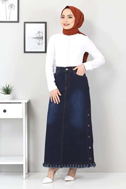 Tesettür Dünyası Джинсова спідниця Tsd22019 темно-синя з боковим какімом