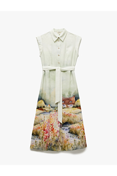 Koton Rochie cămașă lungă cu imprimeu peisaj din viscoză, fără mâneci, cu detaliu în talie