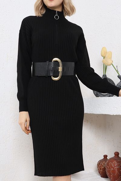 VEGENZE Rochie lungă de tricot pe jumătate pescar, neagră, cu fermoar