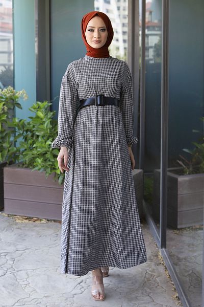 Tesettür Dünyası Plaid Dress Tsd220542 Gray