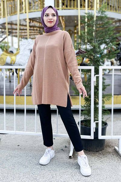 Tesettür Dünyası Schlitz detaillierter Pullover Tsd220716 Nerz