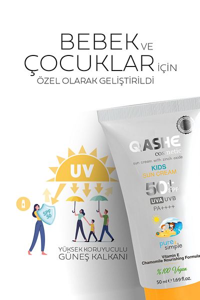 QASHE Cosmetic Children's Sunscreen Cream Spf 50 – Vitamin E & Chamomile Extract 50ml