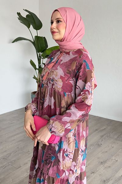 InStyle Placket Patterned Chiffon Pink Dress