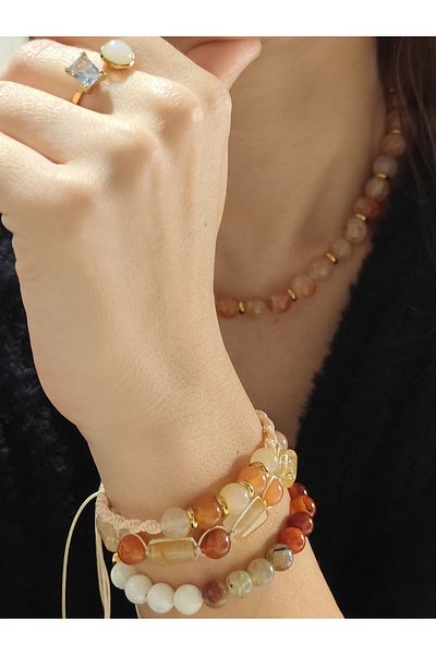 DİAVENTA TAKI VE AKSESUAR Mother of Pearl Agate Bracelet Necklace Ring Set