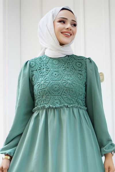 Tesettür Dünyası Mintgrünes Hijab-Kleid – Spitzendetail vorne TSD 240519