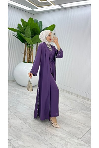 FIRSTESLEM Premium Çift Taraflı Dubai Krep Kumaş İnci ve Taşlı Tulumlu Abaya Takım