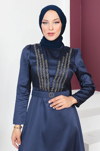 Tesettür Dünyası Večerní šaty s detailním páskem TSD230636 Navy Blue