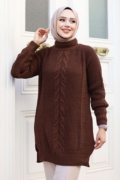 Tesettür Dünyası Hair Knit Patterned Judge Collar Knitwear Tunic - TSD 240801 Brown