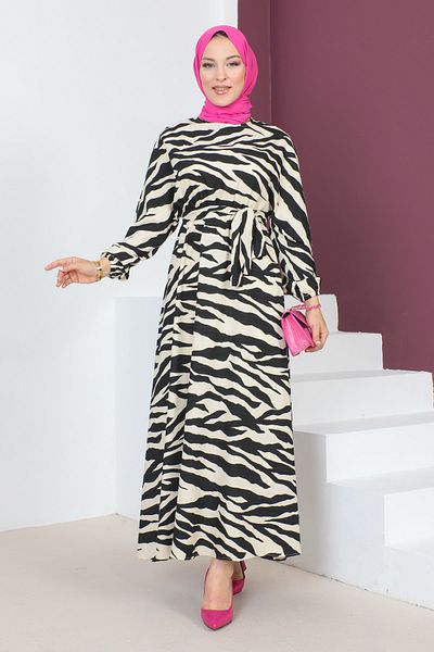 Tesettür Dünyası Kleid mit Zebramuster TSD230624 Schwarz