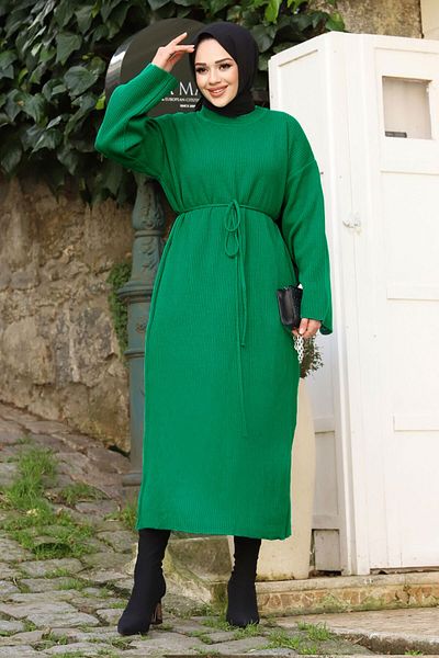 Tesettür Dünyası Strickkleid TSD mit Bindegürtel240213 Smaragdgrün