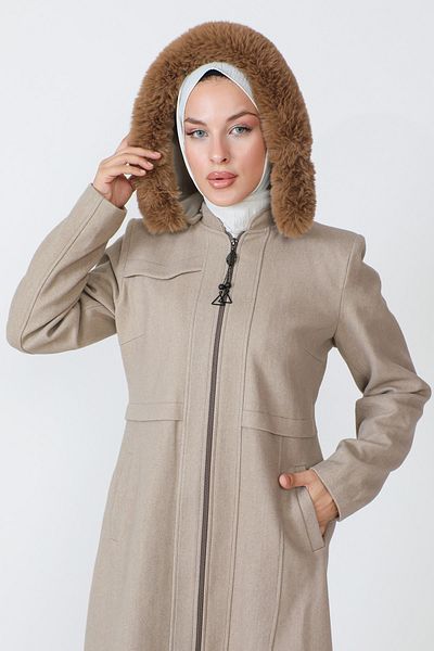 Tesettür Dünyası Pat Detaillierter Stempelmantel TSD230812 Beige