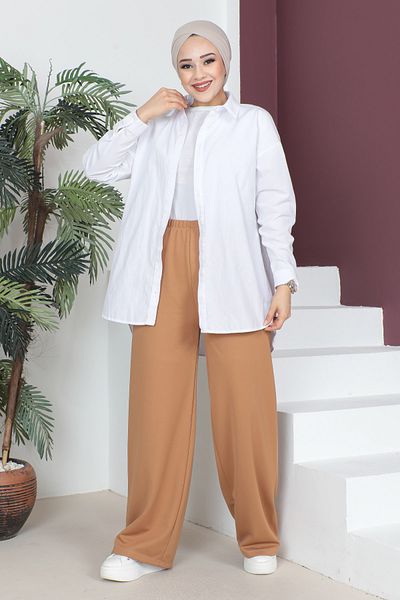 Tesettür Dünyası Elastic Waist Wide Leg Trousers TSD230514 Tan