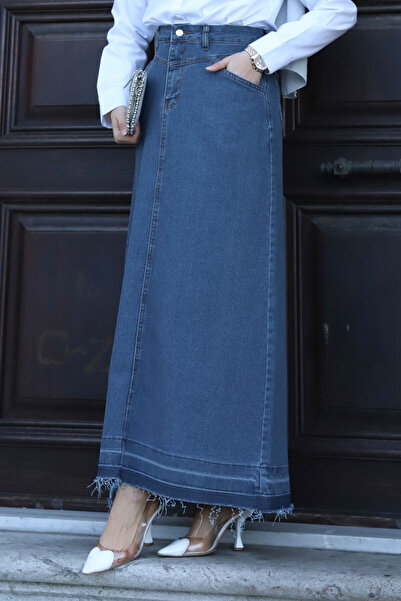 Tesettür Dünyası Pocketed Skirt Tassel Detailed Denim Skirt TSD240108 Light Blue