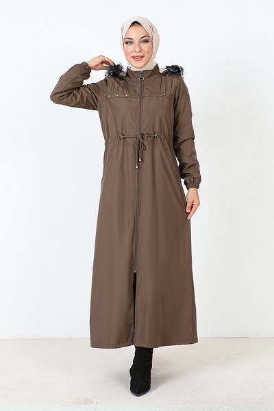 Tesettür Dünyası Full Length Coat with Snap Front TSD231012 Brown