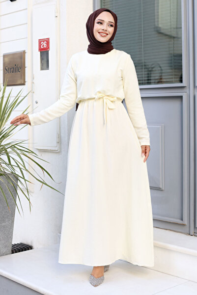 Tesettür Dünyası Ayrobin Uzun Tesettür Elbise TSD240713 Bej