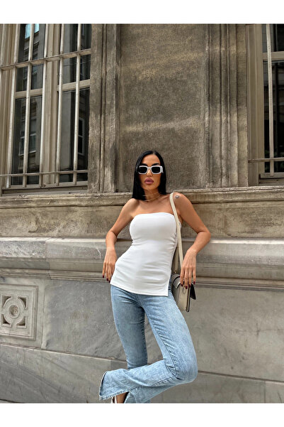 Zechka Λευκή μπλούζα στράπλες - Μαζευμένη στο πλάι, διπλοί σκισίματα (ZCKSA309)
