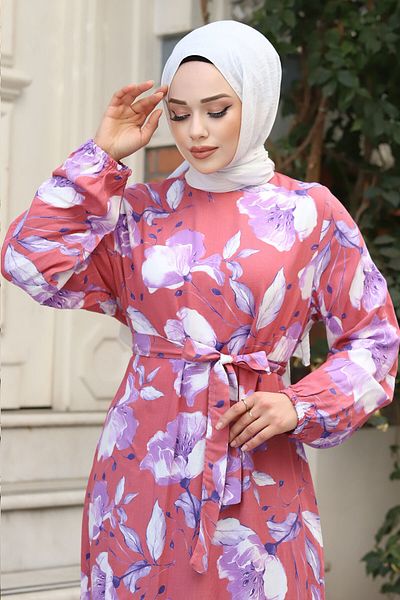 Tesettür Dünyası Hijab-Kleid mit großem Blumenmuster und Gürtel TSD240323