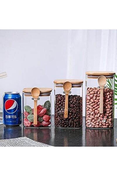 AKDC Pack of 3 Rectangular Glass Jars (800ML) with Wooden Lids & Spoon – Airtight Containers