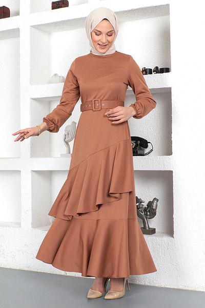 Tesettür Dünyası Rüschenkleid Tsd230401 Kamel