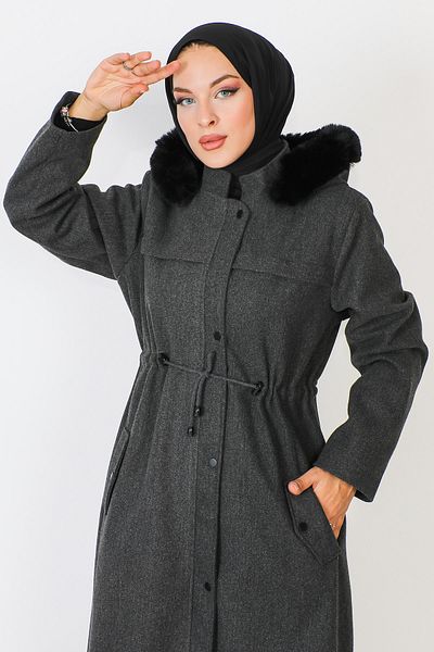 Tesettür Dünyası Full Length Hidden Zipper Stamp Coat TSD230911 Anthracite