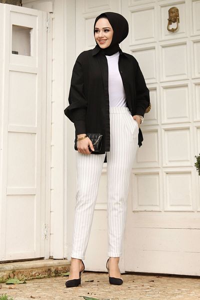 Tesettür Dünyası Double Leg Striped Carrot Trousers TSD240114 White