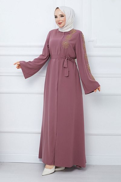Tesettür Dünyası Griff Perlen Bestickt Gürtel Hijab Ferace TSD240203 Getrocknete Rose