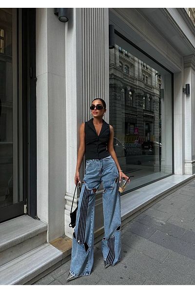 Diviny Women's Blue Knee Stripe Window Detailed Asymmetrical Design Wide Leg Jeans