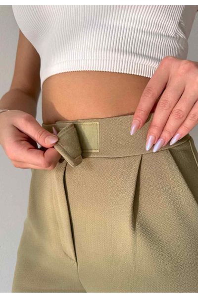 VivaJoy Women's Oil Green Velcro Closure Comfortable Palazzo Lycra Stretchy Elastic Waist Pants High Waist
