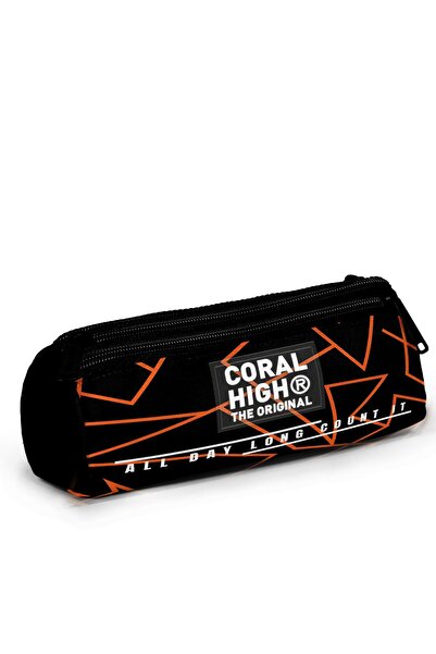 Coral High Kids Orange Black Basketball Patterned Three Compartment Pencil Bag 11166