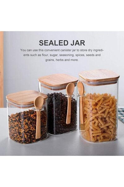 AKDC Pack of 3 Rectangular Glass Jars (800ML) with Wooden Lids & Spoon – Airtight Containers