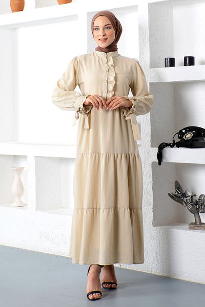 Tesettür Dünyası Hijab-Kleid mit gebundenen Ärmeln Tsd221207 Beige