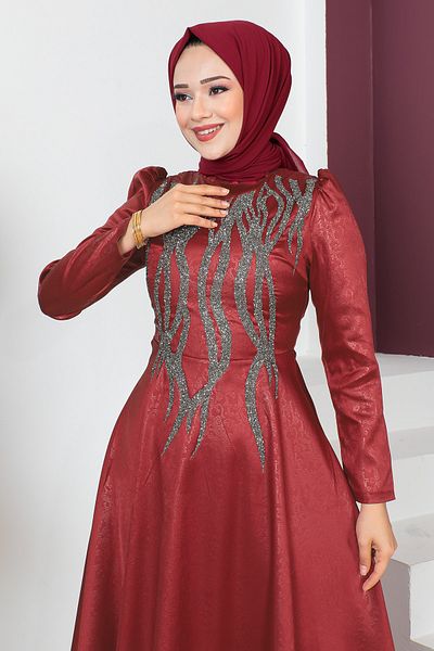 Tesettür Dünyası Abendkleid mit Paillettendetail auf der Vorderseite TSD230634 Weinrot