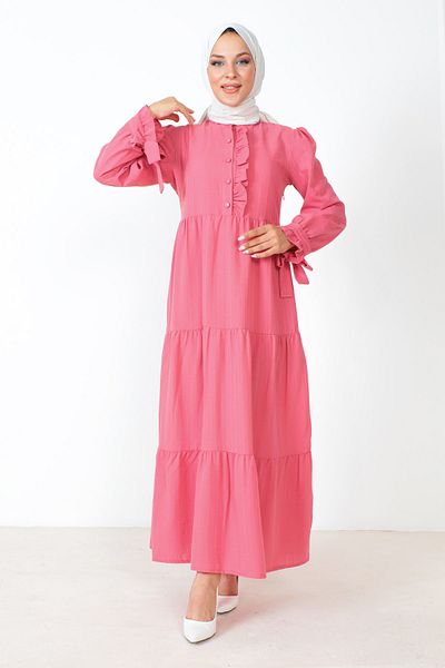 Tesettür Dünyası Hijab-Kleid mit gebundenen Ärmeln TSD221207 Rosa