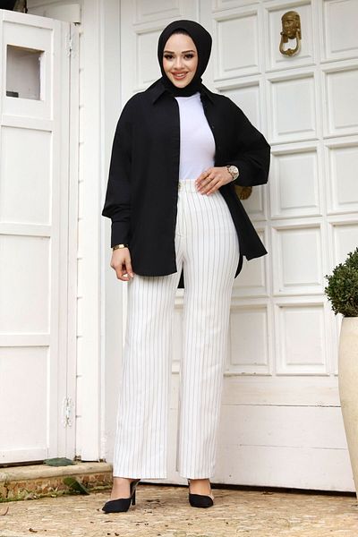 Tesettür Dünyası Wide Leg Striped Trousers TSD240115 White