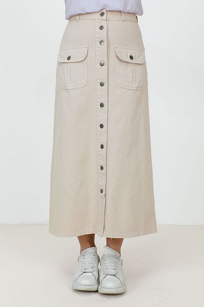 Tesettür Dünyası Geknöpfter langer Jeansrock mit Taschen TSD231202 Beige