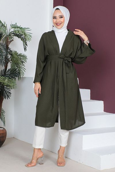 Tesettür Dünyası Kimono mit Taillengürtel TSD230513 Khaki