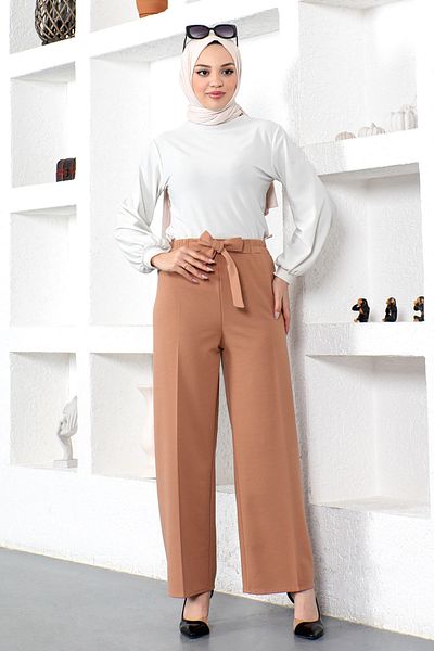 Tesettür Dünyası Hose mit weitem Bein und elastischer Taille Tsd230109 Hellbraun