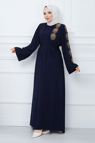 Tesettür Dünyası Mâner Hijab Brodat cu Curea Ferace TSD240203 Bleumarin