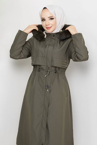 Tesettür Dünyası Pat Detaillierter Mantel TSD231011 Khaki